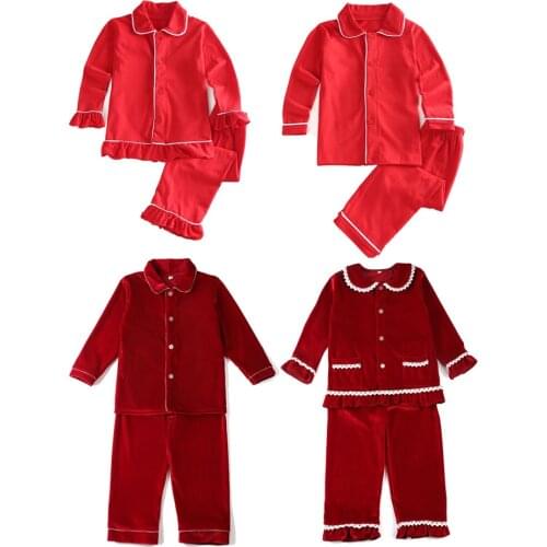 Children Velvet Sleepwear Button Down Sibling Match Boys And Girls Pyjamas Set Red Luxury Christmas Pjs