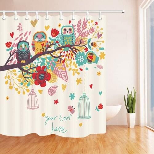 Home Decor Shower Curtains Funny Cartoon Owls on The Branch Bathroom Waterproof Polyester Fabric with Hooks