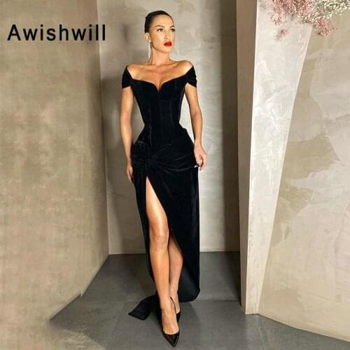 Elegant Velvet Black Evening Dress High Split Mermaid Long Off The Shoulder Formal Gown Robe de Soiree Party Dress