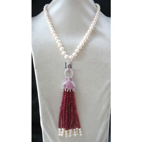 Hot sale new Style freshwater pearl white round 9-10mm &red leopard necklace 20"