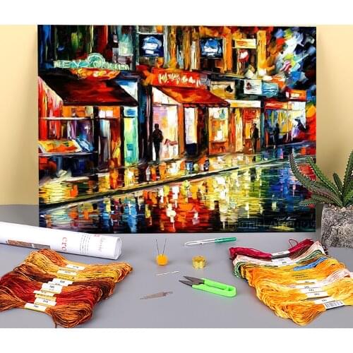 Oil Painting Style Old Pub Printed Fabric 11CT Cross Stitch DIY Embroidery Full Kit DMC Threads work Handicraft Decor