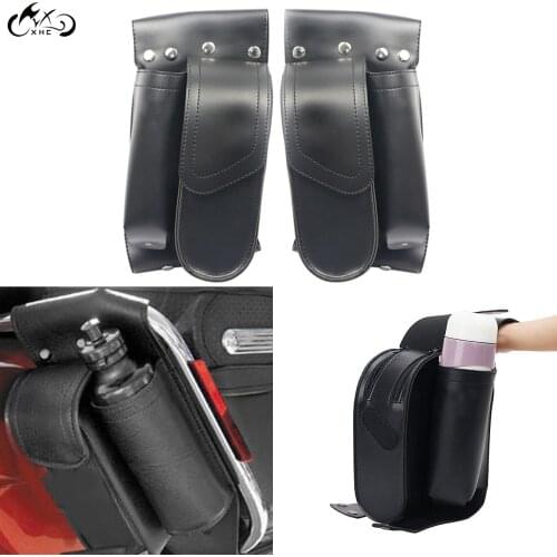 Motorcycle Leather Black Engine Bar Saddlebag Guard Bag Water Bottle Holder For Harley Touring FLHT FLHR 1983-2017