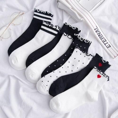 Women Socks Autumn Striped Heart Cotton Solid Color Lace Cute Dots Casual Breathable White Women Fashion Lady Socks 1 Pair
