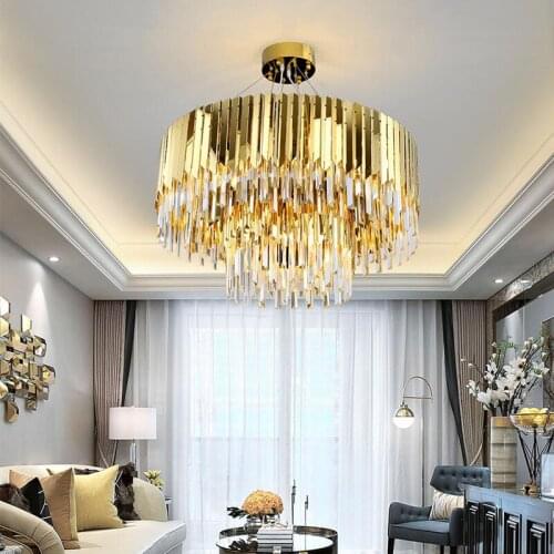 New Modern Crystal Lamp Chandelier For Living Room Luxury Gold Round Stainless Steel Chain Chandeliers Lighting