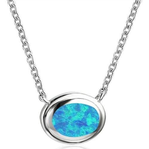 Cute Small Oval Pendant White Blue Opal Necklaces For Women Men Vintage Fashion Geometric Jewelry 925 Silver Birthstone Necklace