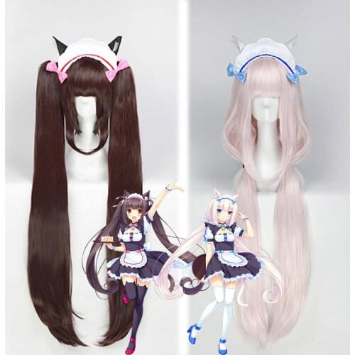 NEKOPARA Chocolat Vanilla Kawaii Long Ponytails Brown Pink Cosplay Wig + Ears + Tail + Wig Cap