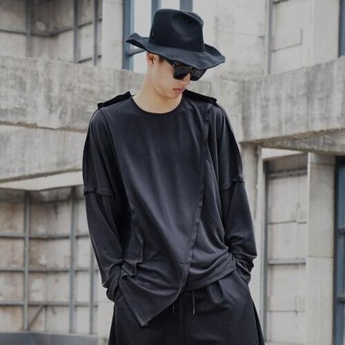 Hair stylist tide brand top t-shirt original design dark line front and back wear stitching long-sleeved T-shirt