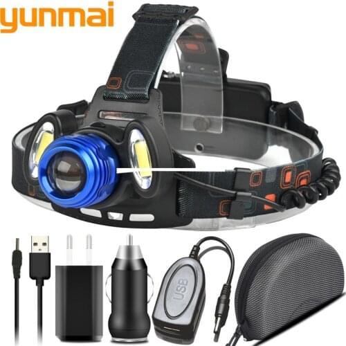 Led Headlamp Head Lamp Flashlight Torch XM-L T6 & 2* Cob Outdoor for Camping Zoom Waterproof Usb Rechargeable 2x 18650 Battery