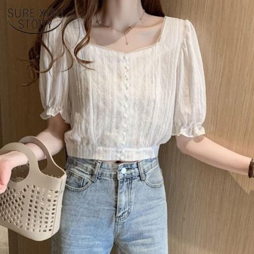 2020 New Korean Womens Short-Sleeved Shirt Summer All-match Square Collar Lantern Sleeve Short-Height Short Shirt Summer 9364