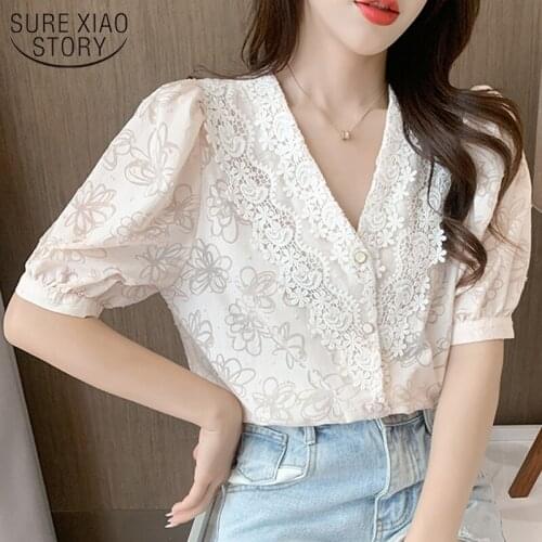 New Casual Loose Chiffon Shirt Ladies Summer V Neck Lace Womens Tops 2021 Printed Short Sleeve Jacquard Lace Hollow Blouse 15265