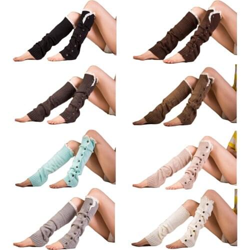 Women Winter Warm Long Leg Stockings Knitted Lace Button Boot Socks Leg Warmers SCKMX0016