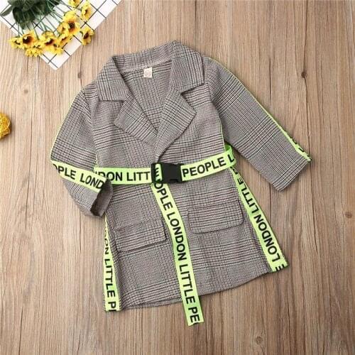 Toddler Baby Girls Kids Winter Clothes Warm pocket turn-down collar long sleeve plaid Overcoat Geometry Belt 2pc cotton Outfit