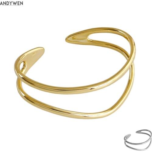 ANDYWEN New 925 Sterling Silver Gold Two Line Circle Bangle Bracelet Luxury Women Fashion Fine Luxury Gift Wedding Rock Punk