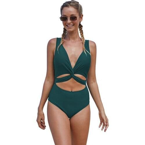 Twisted Ruched Hollow Out One-piece Swimwear Sexy Women Summer Beachwear Swim Suit Soild One Piece Swimsuit