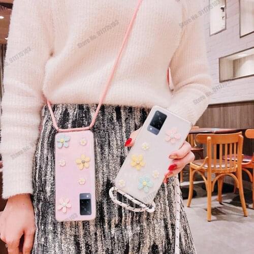Case For Vivo V21E V21 Glitter Daisy Flower Crossbody Lanyard Cord Phone Case For Vivo S10 Silicone Shockproof Clear Back Cover