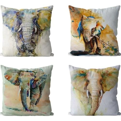 Oil Painting Style Decorative Cushion Cover Elephant Africa Animal Office Couch Chair Throw Pillow Case White lumbar pillowcase
