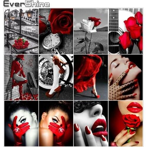 Evershine 5D Diamond Painting Full Square Black White Diamond Embroidery Portrait Woman Rose Mosaic Rhinestone Picture Art Decor