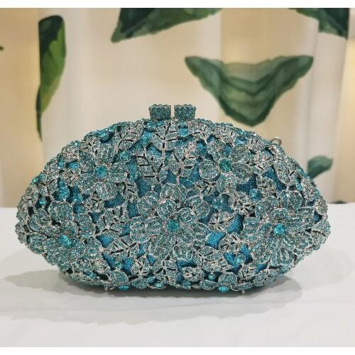 Fashion Silver Metal Blue Rhinestone Flower Ladies Evening Clutch Bag For Girls Luxury Women Phone Clutches Small Wedding Purse