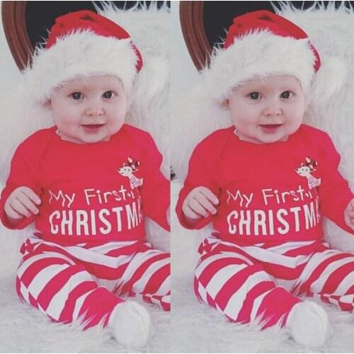 My First Christmas Newborn Clothes Suits Merry X'mas Red Baby Boys Bodysuits Stripe Pant Deer Costume Reindeer Infant Clothing