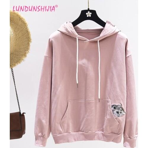 LUNDUNSHIJIA Hoodie Sweatshirt Women Long Sleeve Loose Tops 2019 Spring Autumn Cat Embroidery Pocket Hoodies Pullovers