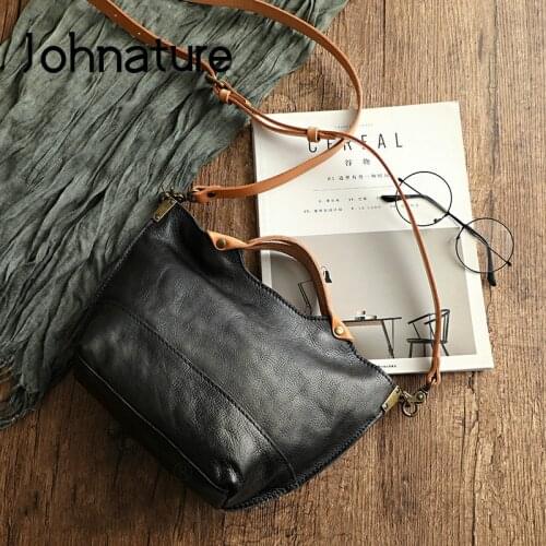 Johnature Simple Genuine Leather Women Bag 2021 New Vintage Large Capacity Handbag Nature Soft Cowhide Shoulder Messenger Bags