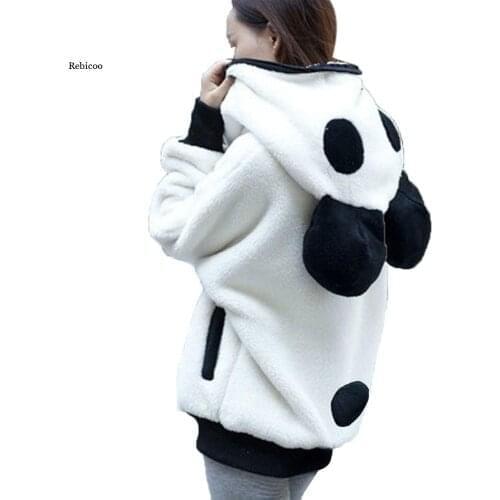 Women Coat Kawaii Hoodies Fur Sweatshirt Zip-Up Cute Panda Ear Cap Winter Warm Hooded Turtleneck Outerwear Sudadera Mujer