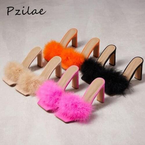 Pzilae New design summer woman fur slippers woman fashion feather high heels woman square toe mules lady slides shoes size 35-41