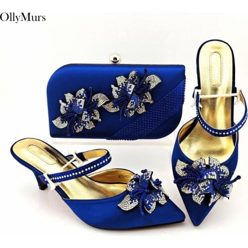Top Selling African Dark Blue Color Woman Shoes And Bag Set Nigerian Rhinestone Pumps 7CM Shoes And Bag Set For Party Dress