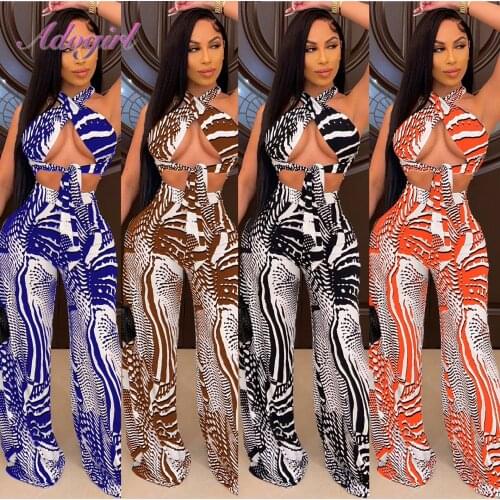 Sexy zebra print party club two piece set women 2021 halter Lace Up Crop Tops flare Wide Leg pants suit outfit beachmatching set