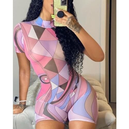 Echoine Sheer Mesh Patchwork Print Short Sleeve Playsuit Skinny Bodycon Sexy Rompers Women Party Club Outfits Jumpsuit Summer