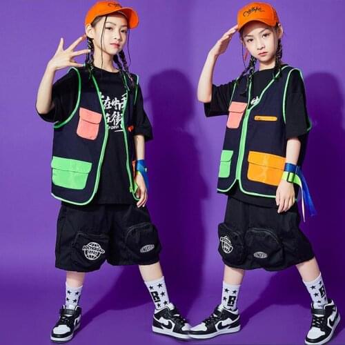 Kids Hip Hop Clothing Tshirt Tops Tactical Cargo Shorts Sleeveless Jacket Vest For Girls Boys Jazz Dance Costume Clothes Wear