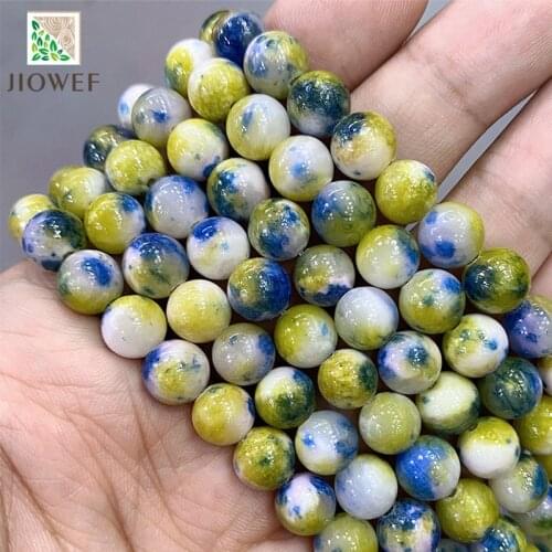 Smooth Natural Stone Yellow Blue Persian Jades Round Loose Beads DIY Accessories Bracelet for Jewelry Making 15'' 6/8/10/12mm