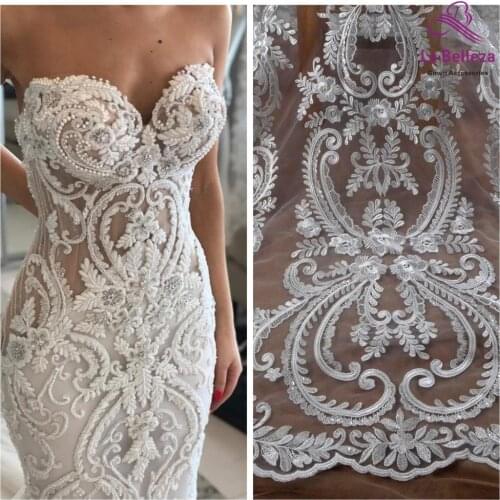 La Belleza new lace fabric,heavy embroidery bridal lace fabric,rayon with clear sequins large patterns lace fabric 1 yard