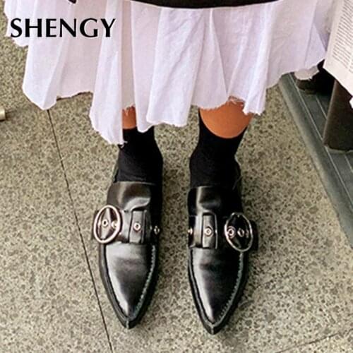 SHENGY Luxury Women Pointed Toe Ring Belt Loafers Slip-on Casual Officical Elegance Footwear Ladies Sandals