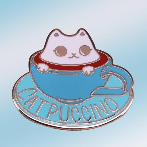 Cappuccino Cat Cup Coffee Addict Brooch Pins Enamel Metal Badges Lapel Pin Brooches Jackets Fashion Jewelry Accessories