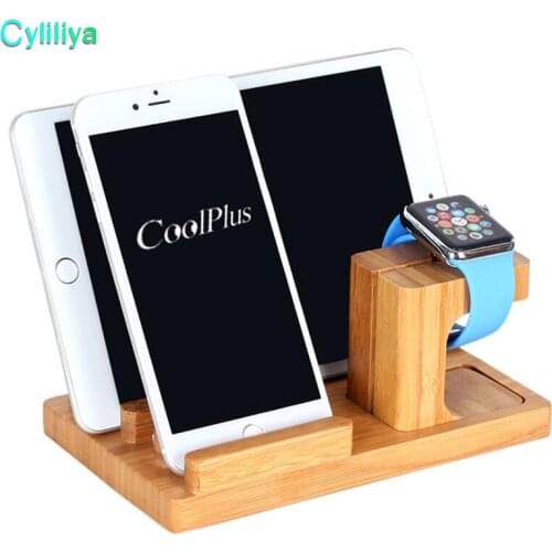 50pcs Multi-Function Natural Bamboo Wood Charge Station Charging Dock Cradle Stand Holder For Ipad iPhone X 8 7 Plus Apple Watch