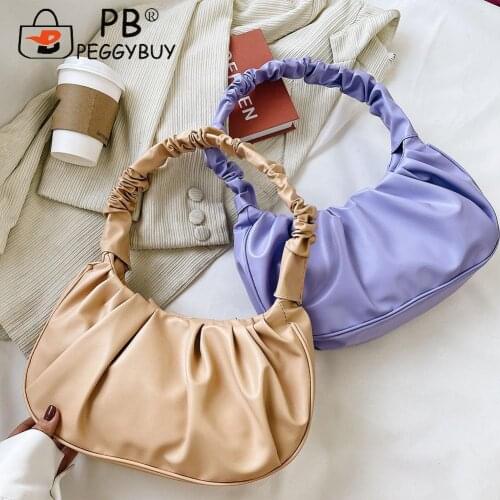 Fashion Women Pure Color Subaxillary Bags Pleated Design PU Leather Shoulder Bags Large Capacity Hobos Underarm Bags