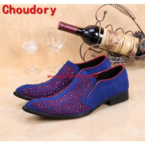 2017 Europe Chaussure Homme Rhinestones Men Dress Wedding Shoes Pointed Toe Blue Red Men Velvet Loafers Slippers Party Shoes