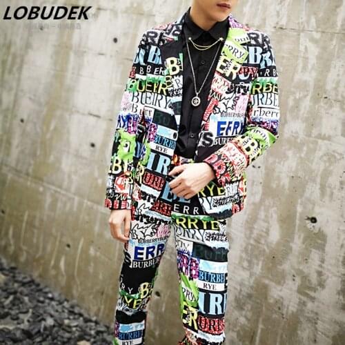 Bar Nightclub Mens Singer Concert Stage Performance Floral Suit Letter Graffiti Printed Blazer Pants 2 Piece Set Outfit Costume