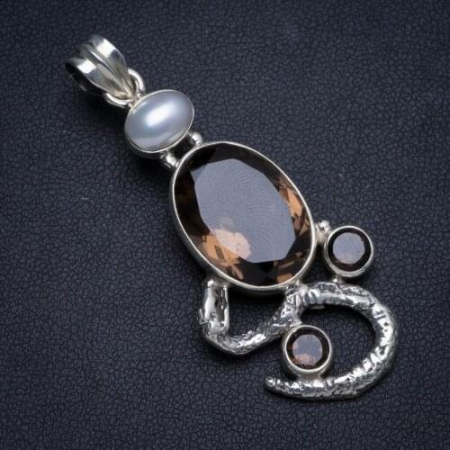 Natural Smoky Quartz and River Pearl Handmade Unique 925 Sterling Silver Pendant 2" X0102