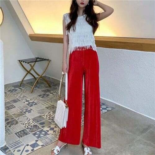 2021 New Spring Vintage Solid Long Pants Woman Wide Leg Trousers Female Loose Streetwear Straight Pants Plus Size M-8XL Rose Red