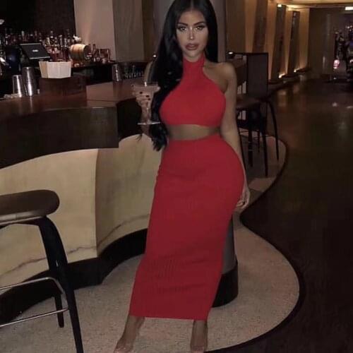 2020 New Suit Red Yellow Bandage Two Pieces Sleeveless Halter Ankle Length Celebrity Party Wear Vintage Vestios