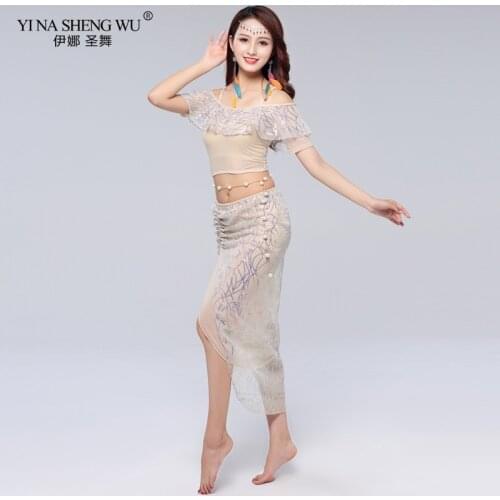 New Women Dancewear Belly Dance Clothes Shine Outfit Top Skirt Sundress Girls Practice Costume Bellydance Mesh Long Dress