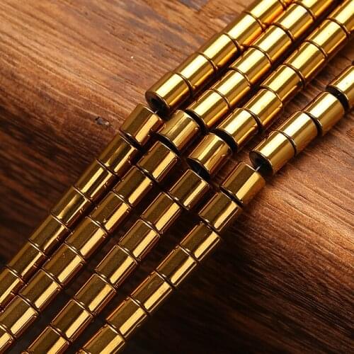 KANGKANG wholesale Gold stone Hematite Tube loose spacer 4mm 6mm Pick Size Beads For Bracelets Necklace Making Jewelry 16"