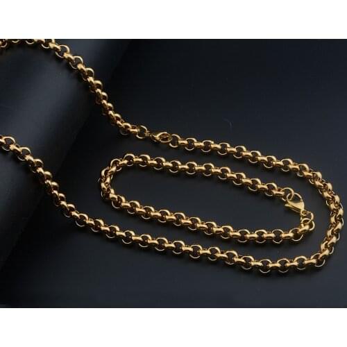 1 Set 7mm Wide Men Women Yellow Gold Color Stainless Steel Necklace Set Jewelry Bracelet Round Rolo Chains