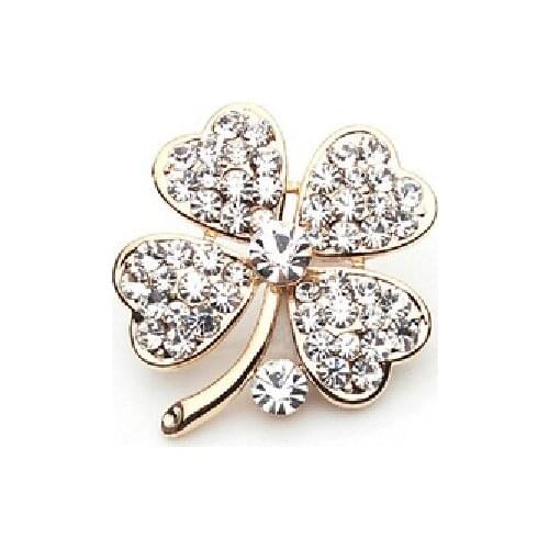 GOLD Plated Clear Rhinestone Crystal Diamante Pretty Clover Leaf Flower Pin Brooch