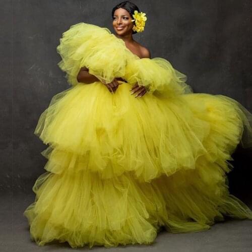 Extra Puffy Tulle Skirt Long Floor Length Ball Gown Prom Skirts Bright Yellow Ruffled Tiered Women Skirt Plus Size mujer faldas