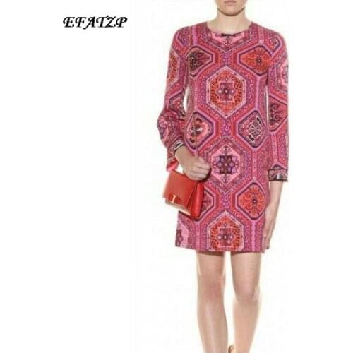 Ladies' Ethnic Bohemian Abstract Geometric Printed Long Sleeve Knee Length Elastic Plus Size XXL Jersey Silk Dress