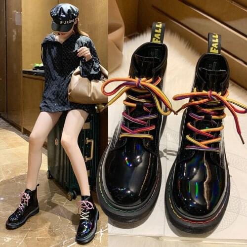 Female Motorcycle Boots 2021 New Trendy Ins Rainbow Lace Up Ankle Boots Martin Boots Net Red Short Boots Women Boots