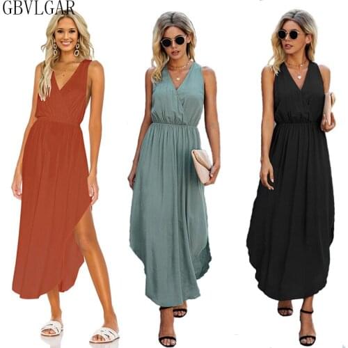 2021 Womens Long Dress New Casual Fashion Solid Color V-neck Sleeveless Curved Skirt Ladies Maxi Dress Summer Dresses for Woman